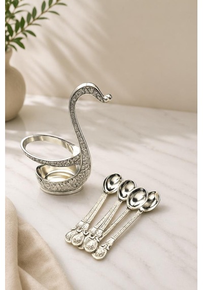 Kaşıklık Seti 6 Lı Metal Kaşık Standı Dekoratif Çay Kaşığı Seti Kuğu Tasarımlı 12 Cm Kaşık 15 Cm Stand Gri