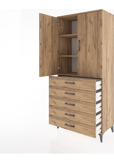Hyperion Dolap 3 Raflı 5 Çekmeceli 2 Kapaklı 88x44x195 Çam-çam Çam