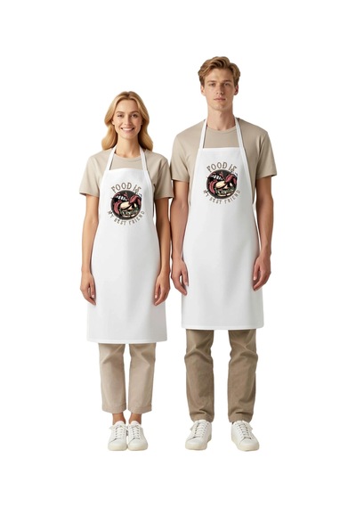 Erkek Unisex Mutfak Aşçı Önlüğü Retro Grafik Baskılı Yemek Temalı Beyaz