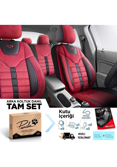 Panda Toronto Serisi Süet Kumaş Oto Koltuk Kılıfı - Kırmızı / Siyah