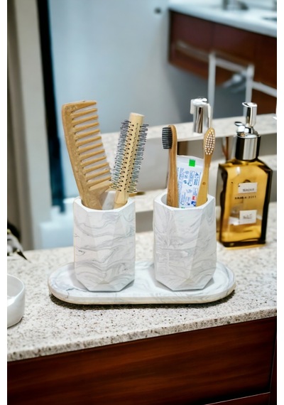 Banyo Seti Tepsili Diş Fırçalık, Diş Macunluk, Makyaj Organizeri,banyo Takımı Gri