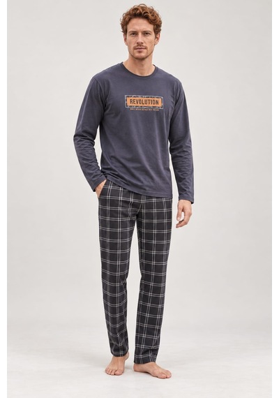 Pemilo Erkek 6500-2 Uzun Kol % 100 Pamuk Pijama Takımı Füme