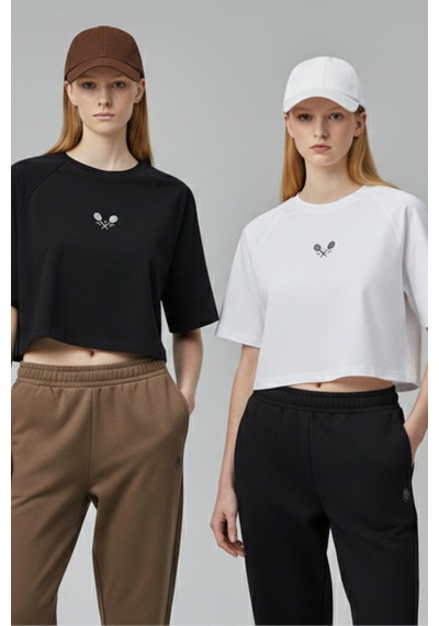 Soft&Basic Kadın Nakışlı Regular %100 Organik Pamuk Yuvarlak Yaka Kısa Crop T-shirt Siyah - Beyaz