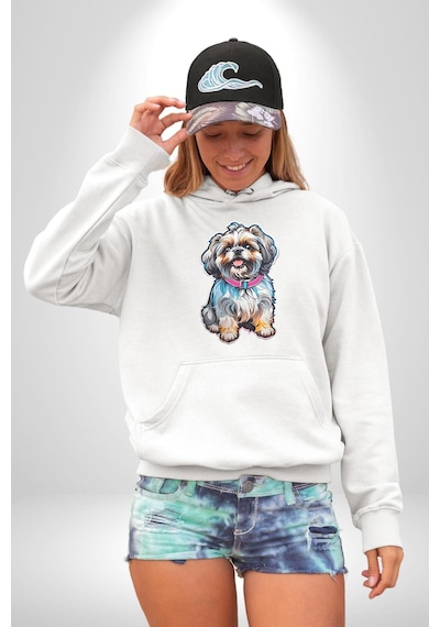 Shih Tzu Renkli Köpek Kadın Erkek Beyaz Kapüşonlu Sweatshirt Hoodie Beyaz