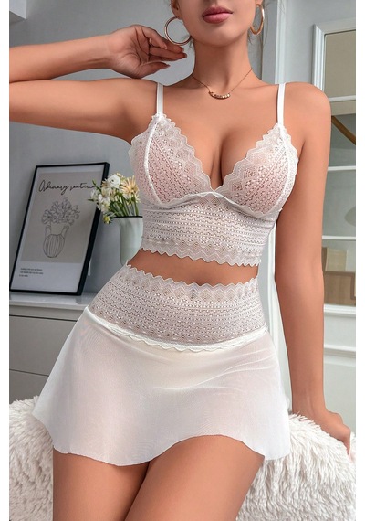 Moda Dua Kadın Beyaz Dantel Ve Tül Detaylı Etekli Şık Gecelik Takımı