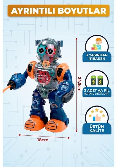 Şeffaf Dişli Mekanizmalı, Işıklı, Sesli, Hareketli Ve Ok Atan Eğitici Robot Oyuncak - 24.5 Cm
