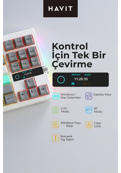 Havit Gamenote Kb909l Hot-swap Gaming Mekanik Klavye - Tft Ekran, 3 Mod Bt,2.4g,kablolu ,light Blue Switch