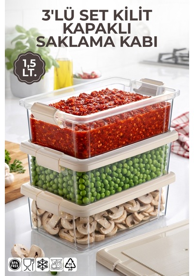 3'lü Set 1,5lt. Decobox Çok Amaçlı Saklama Kabı - Piknik Taşıma Seti - 1,5lt. Krem