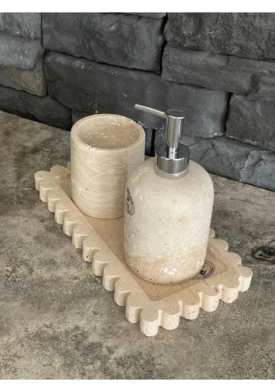 Dekoratif Tepsili Traverten 3'lü Banyo Takımı Beyaz