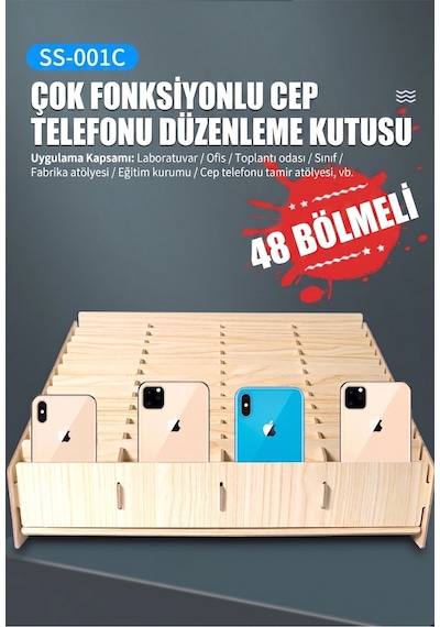 48 Bölmeli Ahşap Cep Telefonu Saklama Kutusu Masaüstü Düzenleyici Organizer - Ss-001c Diğer