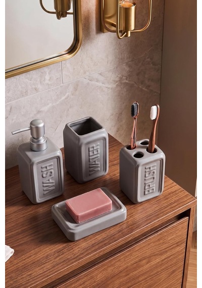Perotti 13891 Well Stoneware 4 Parça Banyo Seti Gri Çok Renkli