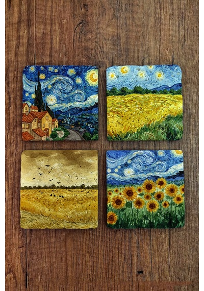 Doğal Taş Bardak Altlığı - Van Gogh Aı Eserleri Baskılı 10x10cm Yapay Zeka Stone Coasters 479 Çok Renkli
