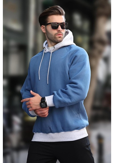 Madmext İndigo Renk Bloklu Kapüşonlu Sweatshirt 7073 Mavi