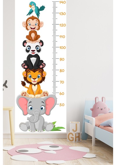 Sevimli Safari Hayvanları Boy Ölçüm Cetveli Boy Ölçer Sticker Beyaz