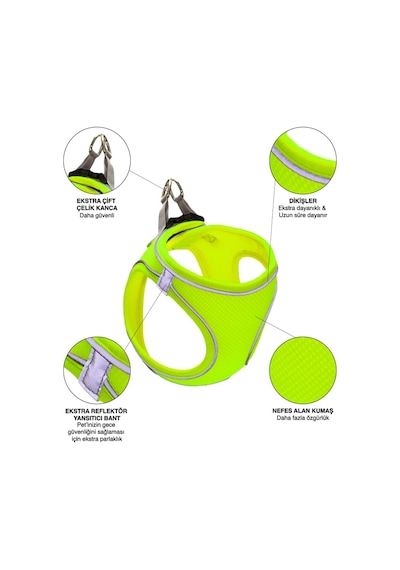Mita Air Mesh Kedi Köpek Göğüs Tasması Çift Reflektörlü, Terletmeyen Neon Sarı