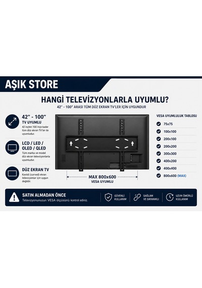 Sabit Tv Askı Aparatı 42 100" Vesa 800 600 75 Kg