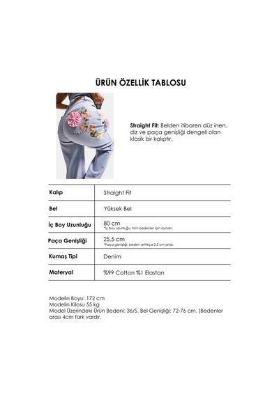 Itsbasic Kadın Kot Rengi 4s6-89 Straight Fit Gül Ve Nakış Detaylı Özel Tasarım Denim Jean Mavi