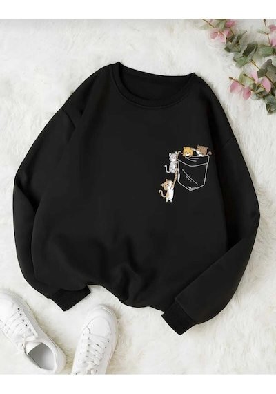 Kozia Outdoors Malkoçbey Oyaka Baskılı Cep Baskılı Sweatşhirt Siyah Siyah