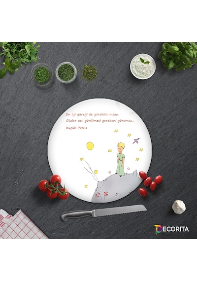 Decorita Cam Kesme Tahtası|Küçük Prens Desenli|Çap32cm