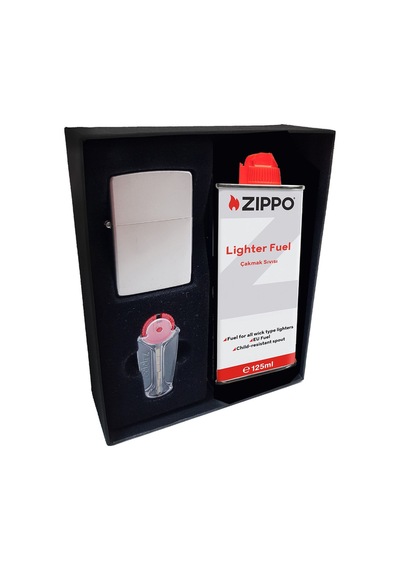 Zippo Çakmak Satin Mat Gri Hediyelik Kutu Benzin Taş Set du10mat