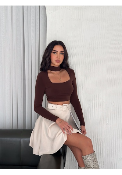Ozy Fashion Kadın Krem Rengi Midi Boy Kemerli Süet Kloş Etek Krem