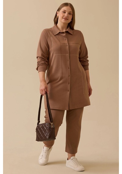 Galaxi Kadın Büyük Beden Dikiş Desenli Tunik 4013 Camel Camel