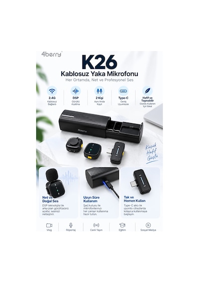 K26 Kablosuz Yaka Mikrofonu Type-c Çift Mikrofon Gürültü Azaltma Şarj Kutulu Vlog Röportaj Mikrofonu