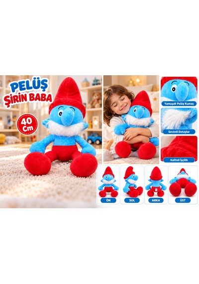 Oyuncak Peluş Şirinler Şirin Baba-şirine-gözlüklü Şirin-gülen Şirin Sevimli Oyun Arkadaşı Hediyelik 40 Cm Kırmızı - Mavi
