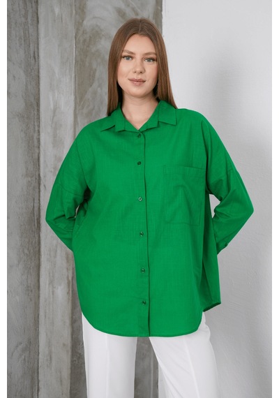 Paw Garage Kadın London Keten Tek Cepli Oversize Gömlek, Premium Kalite Keten Gömlek Yeşil