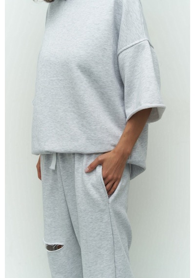 Mai Collection Mai Studios Co. Lion Karmelanj Oversize T-shirt Yırtıklı Eşofman Takım Gri