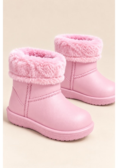 Altın Pabuç Çocuk Kürklü Bot Su Geçirmez Kaymaz Taban Erkek Kız Unisex İçi Kürklü Çocuk Yağmur Çizmesi Kar Botu Pembe