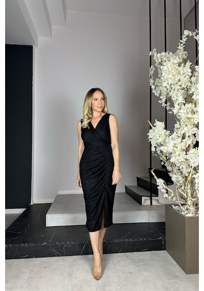 Ges Moda G0909 Drape Detaylı Simli Abiye Elbise Siyah-siyah Siyah