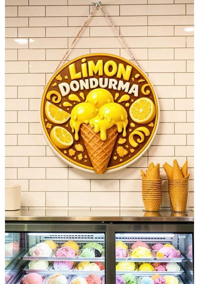 Limon Dondurma Görselli Ahşap İpli Kapı Duvar Süsü Dondurmacı Dekoratif Süsü