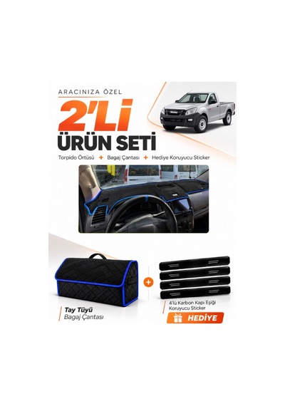 E-biz Isuzu D-max 2012-2019 Uyumlu Torpido Örtüsü + Tay Tüyü Bagaj Çantası - Siyah-mavi - Is002