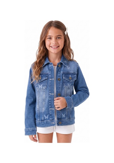 Onloox Kız Çocuk Mavi Kız Çocuk Mavi Denim Gömlek Yaka Regular Kesim Kelebek Baskılı Jean Ceket 6-12 Yaş