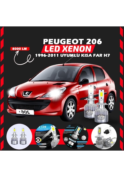 Peugeot 206 1996-2011 Kısa Far Uyumlu Şimşek Etkili Led Xenon Performance Series H7