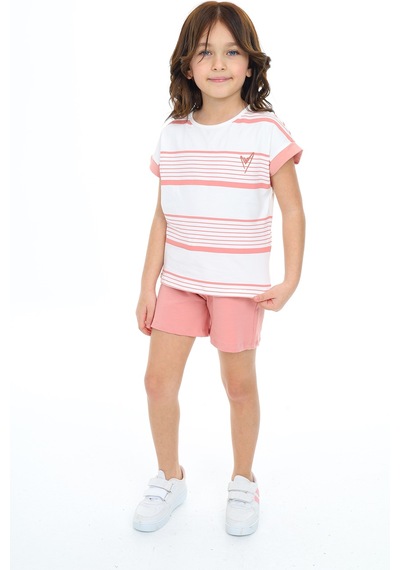Toontoy Kids Toontoy Kız Çocuk 2'li Takım Baskılı Bisiklet Yaka T-shirt & Beli Lastikli Cepli Şort Mercan