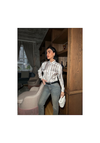 Meecy Çok Renkli Dikey Çizgili Premium Saten Gömlek - Retro Şık Tasarım Krem Krem
