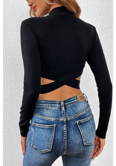 Angbutik Kadın Siyah Çapraz Bel Detaylı Dik Yaka Uzun Kol Crop Top Bluz