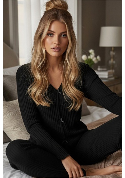 Siyah İnci Fitilli Kaşkorse Uzun Kollu Pijama Takım 7937 Siyah