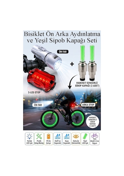 Led Işıklı Bisiklet Ön Far Arka Stop Aydınlatma Işığı Ve Yeşil Sipob Kapağı Haraketli Fotosel Sensörlü Çok Renkli