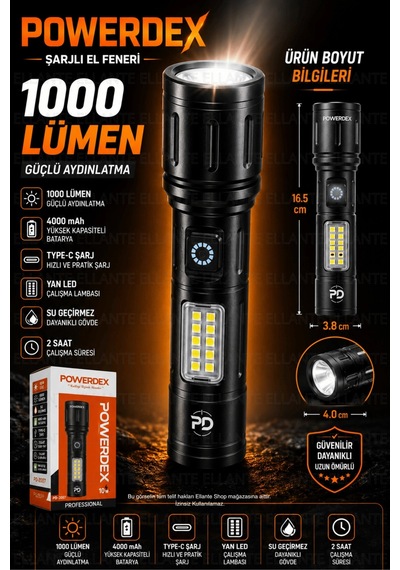 Şarjlı El Feneri 1000 Lümen 4000 Mah Bataryalı Type-c Şarjlı Yan Led Kamp Tamir Acil Durum Feneri Pd Çok Renkli