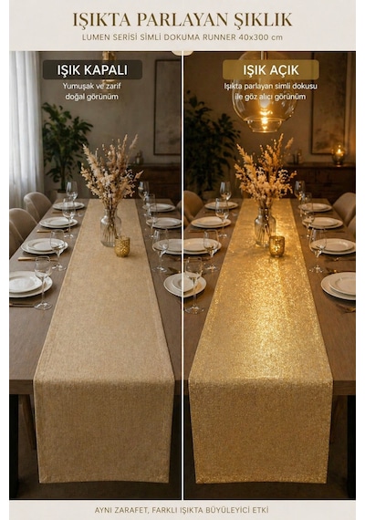 Lumen Serisi Silver 40x300 Cm Simli Dokuma Uzun Runner Modern Lüks Masa Örtüsü 8-10 Kişilik Altın
