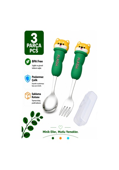 Yeşil Renk Ayı Figürlü Premium Çocuk Bpa Free Paslanmaz Çelik Uçlu Çatal-kaşık Set 24+ Ay