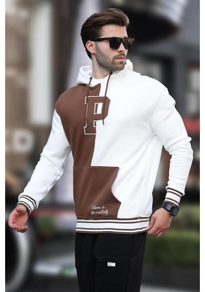 Madmext Ekru Renk Bloklu Kapüşonlu Baskılı Erkek Sweatshirt 7078 Ekru