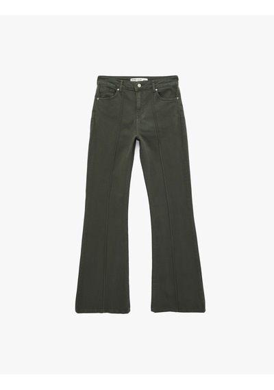 Koton Pamuklu Cepli Düğmeli Dar Kesim İspanyol Paça Denim Pantolon - Flare Jeans Haki 6sal40057mw Haki