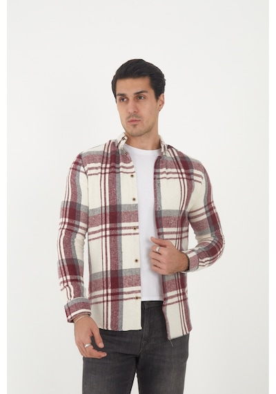 Mcz Giyim Erkek Uzun Kollu Slim Fit Dar Kesim Gömlek Yaka Dokuma Bordo Oduncu Gömlek