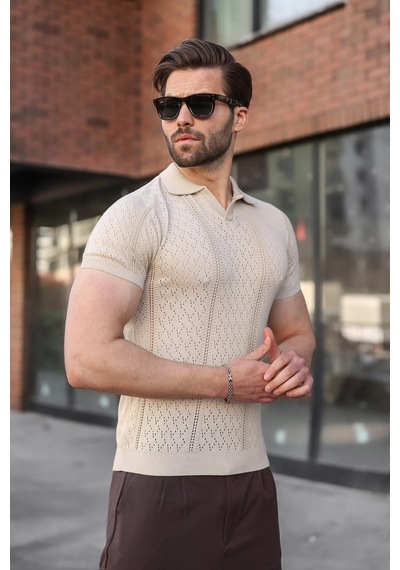 Madmext Taş Rengi Delikli Polo Yaka Erkek Triko Tişört E7495