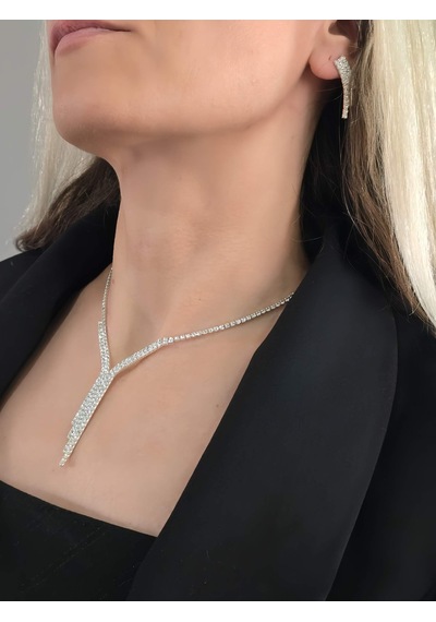 Eva Takı Store Kristal Taşlı Su Yolu Sarkıt Model Yılbaşı - Abiye - Düğün -event Kolye Küpe Set Silver Gümüş