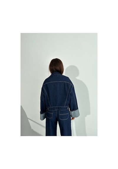 Zdnjeans W1910 Kolu Katlamalı Lacivert Crop Denim Ceket